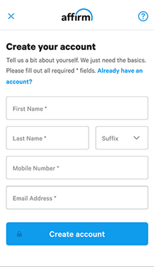 Screen for creating an Affirm account with form fields for personal details.