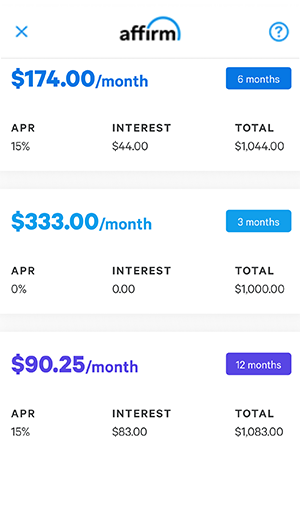 Payment options display for Affirm, showing different monthly plans and APRs.