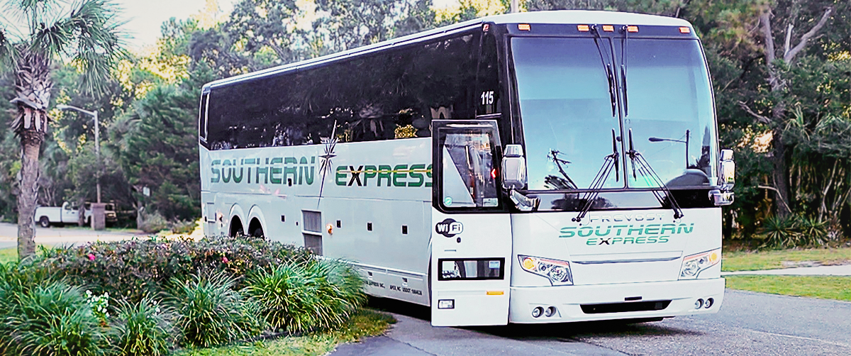 Motorcoach buses parked outside