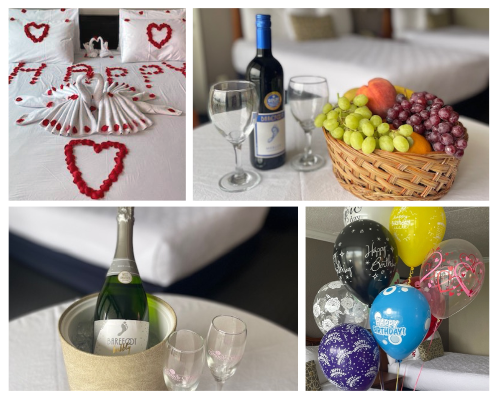 collage of 4 images showing a rosepetal turndown service, bottle of wine and wineglasses, anniversary balloons and a box of chocolates