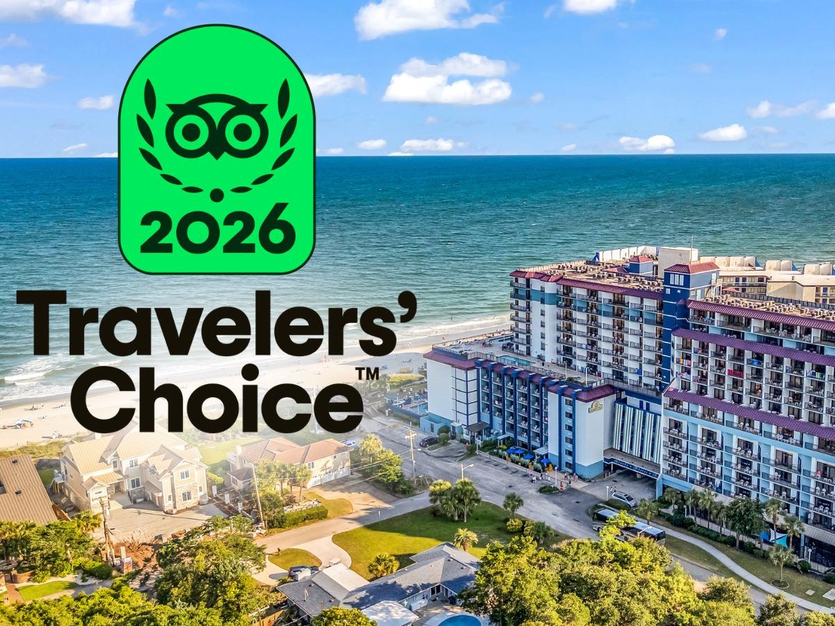 Aerial view of grande shores ocean resort with Tripadvisor Travelers Choice Award logo