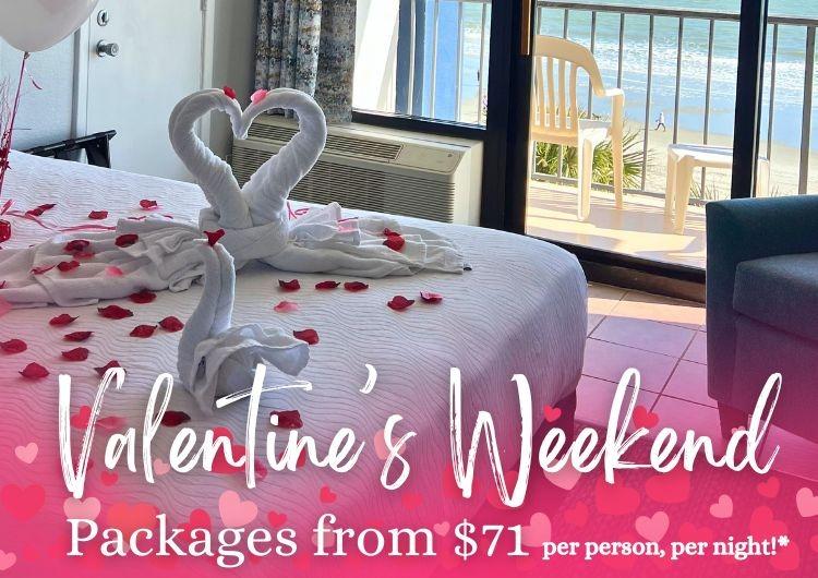 Collage with heart shaped chocolates, a bed covered in rosepetals, and balloons