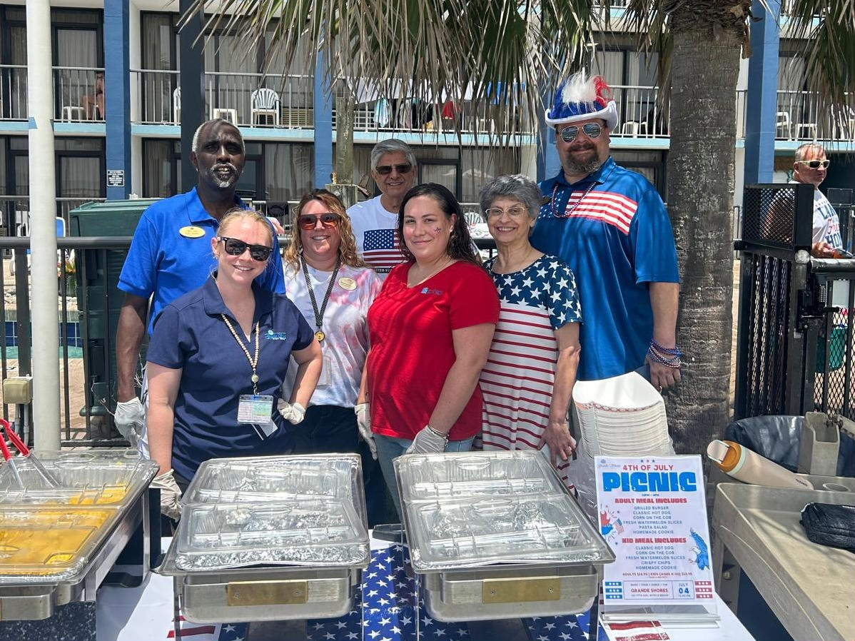 Collage of Grande Shores' upgrades: new lighting, doors, trashcans, beach walkway.