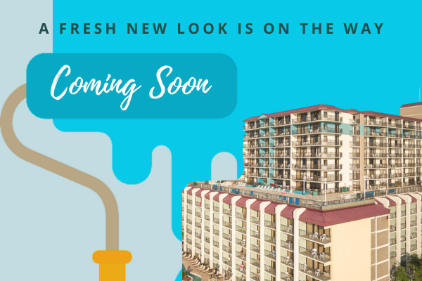 Teaser graphic with a resort building, announcing a new look coming soon.